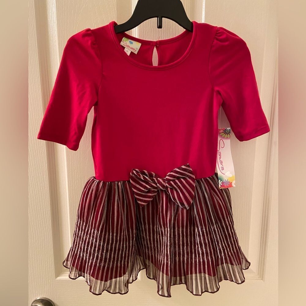 Samara Dress Red and White Striped Tulle Bow Girls Size 4T NWT